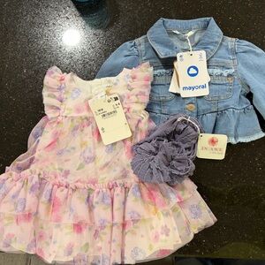 Mayoral Floral Pink and Blue Dress with Denim Jacket